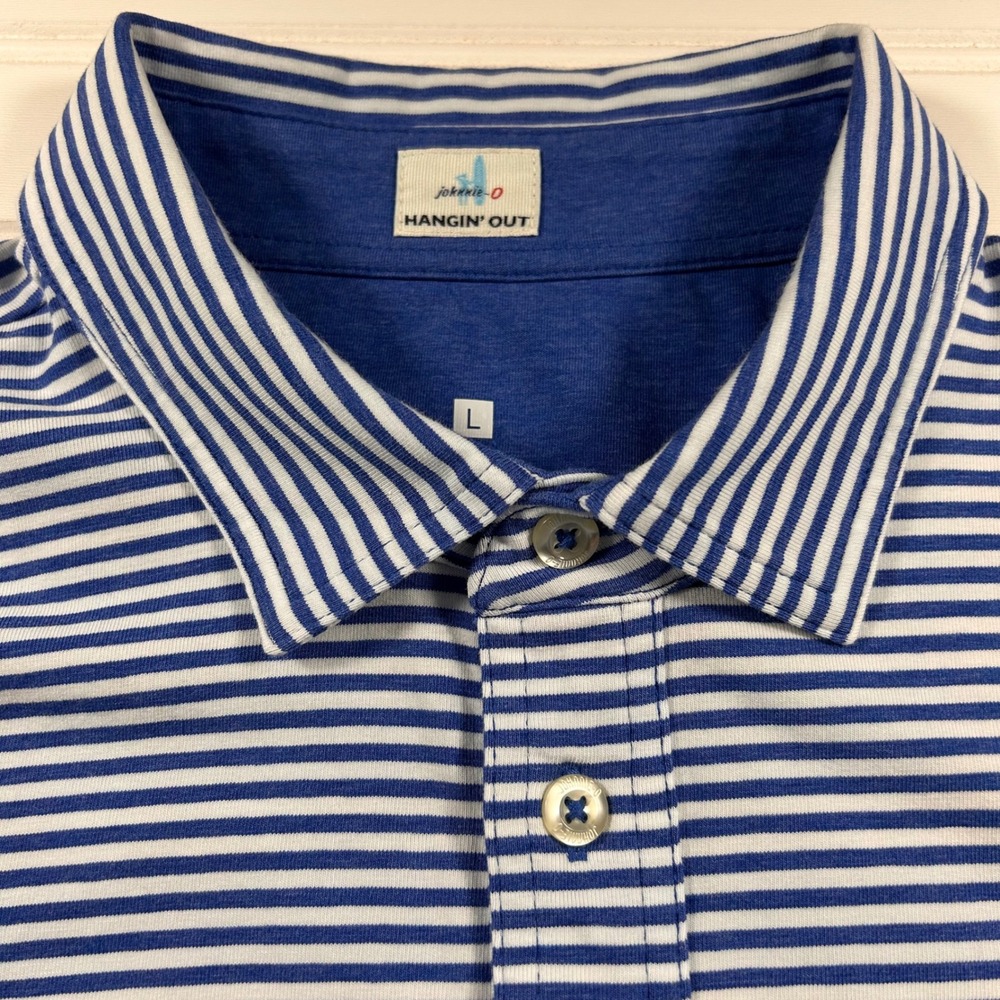 johnnie-O Hangin Out Dante Polo Mens L Blue White Striped Short Sleeve Stretch